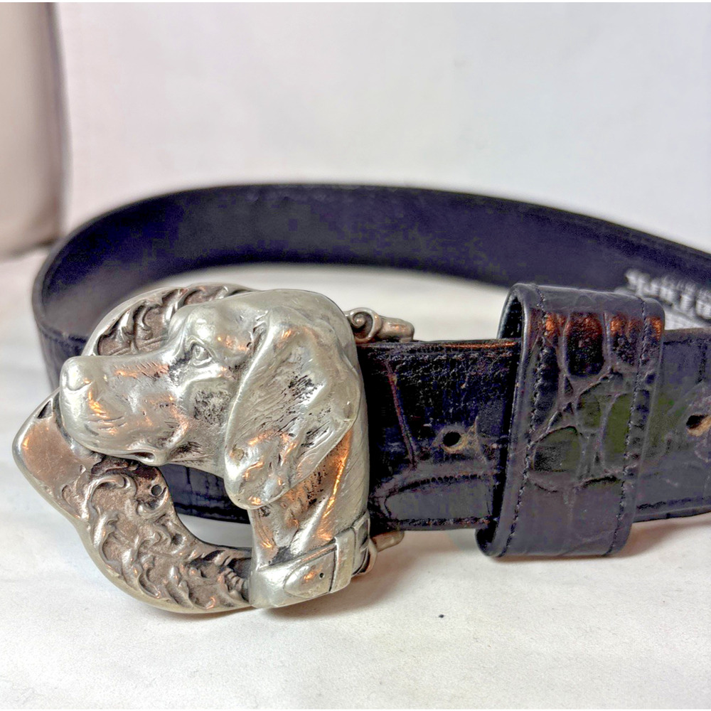 Glen Miller For Ann Turk 80s Dogs Head Buckle On Embossed Leather Strap Belt